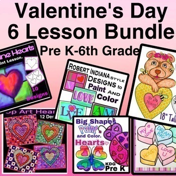 Preview of Easy Valentine’s Day Art Bundle For Pre/K-6th Grade. Heart and Love Activities.