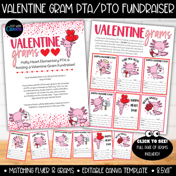 Preview of Valentine's Day Axolotl Candy Gram Flyer Lollipop Tag, PTA PTO Fundraiser Grams