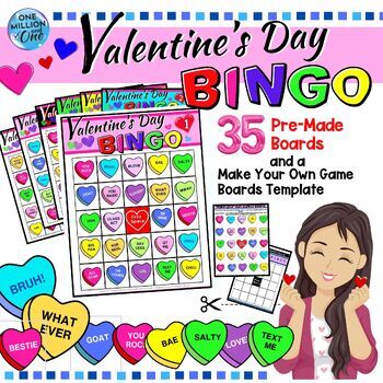 Preview of Valentine's Day BINGO-Teen Slang Candy Hearts-35 Pre-Made Boards & Template