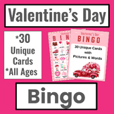 Valentine's Day Bingo, 30 Cards- All Ages, Homeschool, Par