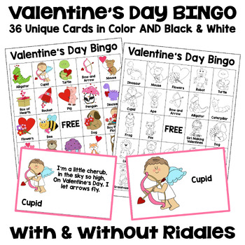 Preview of Valentine's Day Bingo - 36 Cards in Color and Black and White with Riddles