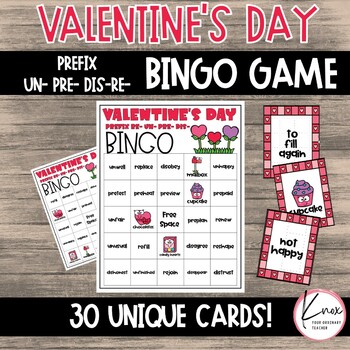 Valentine's Day Bingo Cards | Prefix un- dis- pre- re- | TPT