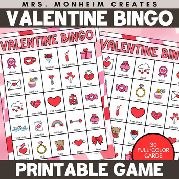 Valentine's Day Bingo Low Prep Class Party Game with 30 Unique Cards