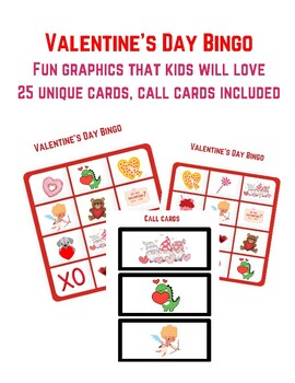 Valentine's Day Bingo with graphics kids will love! 25 unique bingo cards