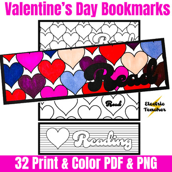 Preview of Valentine's Day Bookmarks Print & Color Black & White 32 bookmarks PNG & PDF