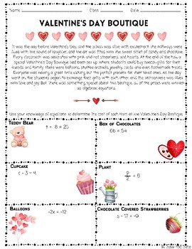 Preview of Valentine's Day Boutique Equation Project