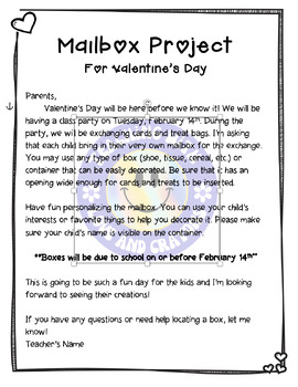 Preview of Valentine's Day Box - Letter to Parents (Fully Editable) Mailbox Project Letter!