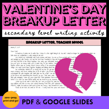 Preview of Valentine's Day ELA Creative Writing Activity Writing a Breakup Letter