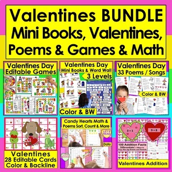 Valentine's Day Bundle for K/1: Valentines, Candy Heart Math, Adding, Readers