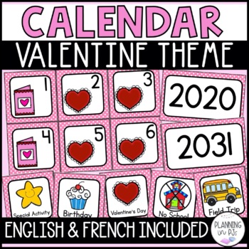 Preview of Valentine's Day Calendar Numbers and Pieces for February | English and French