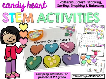 Preview of Preschool/K Valentine's Candy Heart STEM: Stacking, Patterns, Sorting, Graphing