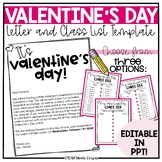 Valentine's Day Class List and Letter Template - EDITABLE