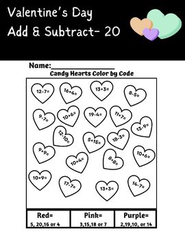 Preview of Valentine's Day Color By Code! Mixed Addition and Subtraction through 20