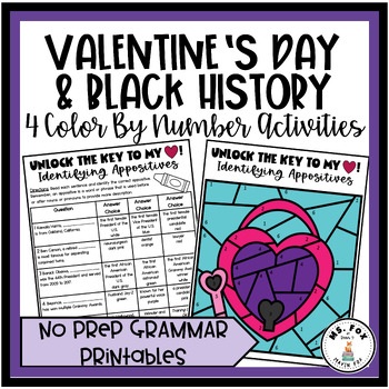 Preview of Valentine's Day Color By Number ELA Grammar & Black History Month Activities