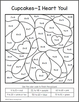 valentines day color by number multiplication worksheets tpt