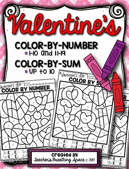 Preview of Valentine's Day Color-by-Number 1-10 & 11-19 and Color-by-Sum (up to 10)