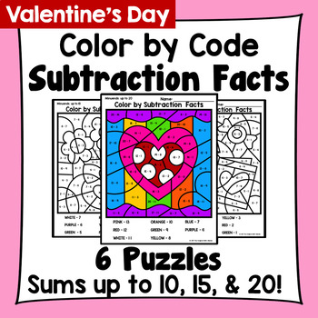 Preview of Valentine's Day Color By Subtraction Facts: Minuends up to 10, 15, & 20