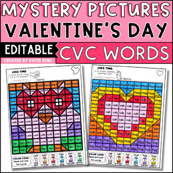 Preview of Valentine's Day Color by CVC Words Mystery Pictures Editable Worksheets
