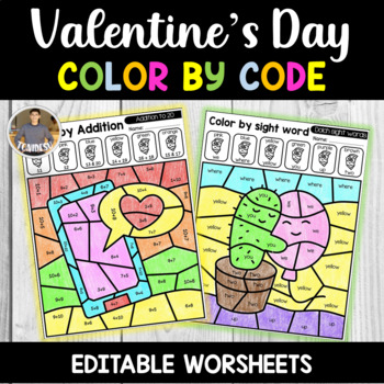 Preview of Valentine's Day Color by Code Editable Activities | Math