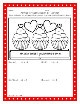 Preview of Valentine's Day Color by Number - Adding Positive and Negative Integers