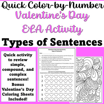 Preview of Valentine's Day Color-by-Number Types of Sentences Activity
