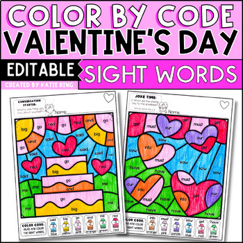 Preview of Valentine's Day Color by Sight Word Practice Editable Activities
