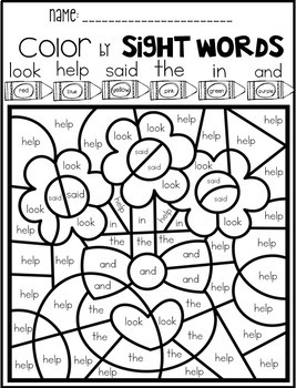 Valentine's Day Color by Code Sight Words Pre-Primer Sight Word Activities