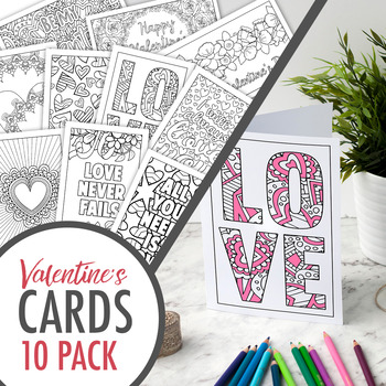 Preview of Valentine’s Day Coloring Cards – Set of 10 printable greeting cards to color in
