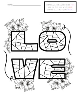 Preview of Valentine's Day Coloring Page - Adjectives, Nouns, & Verbs Sort Worksheet