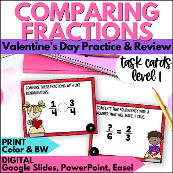Preview of Valentine's Day Comparing Fractions Task Cards Activities for February - Level 1