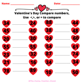 Preview of Valentine's Day- Comparing Numbers Worksheet -Google Slides-Printable
