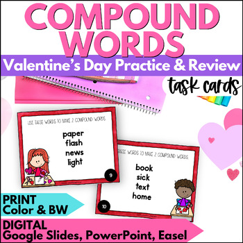 Preview of Valentine's Day Compound Words Task Cards - February Reading Practice Activities