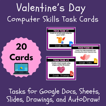 Preview of Valentine's Day Computer Skills Google Suite Technology Curriculum Task Cards