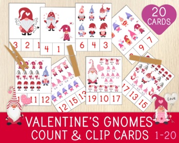 Preview of Valentine's Day Count & Clip Cards, Valentine's Gnomes, Numbers 1-20, Counting