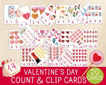 Preview of Valentine's Day Count and Clip Cards, Numbers 1-20, Counting Flashcards, Math