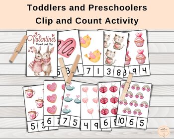 Preview of Valentine's Day Count and Clip Cards, Toddler Activity, Preschool Printable