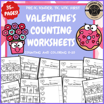 Preview of Valentine's Day Counting Math Worksheets PreK Kindergarten First Grade TK UTK