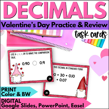 Preview of Valentine's Day Decimals Place Value Task Cards - Practice & Review Activities