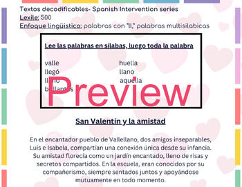 Preview of Valentine's Day Decodable Text in SPANISH - words with "ll" 