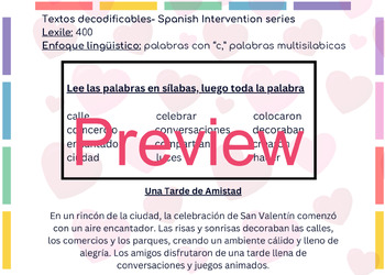 Preview of Valentine's Day Decodable Text in SPANISH - multisyllabic words with "C"
