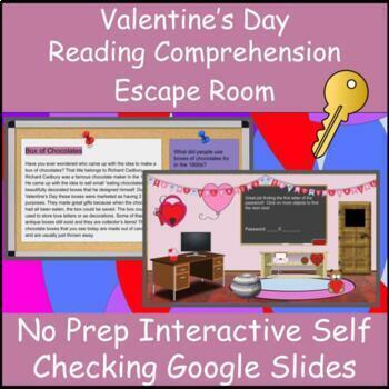 Preview of Valentine's Day Digital Reading Comprehension Escape Room Grade 3-5 Google Slide