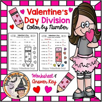 Preview of Valentine's Day Division Color by Number Worksheet + Key Upper Elementary