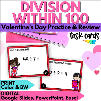 Preview of Valentine's Day Division Facts within 100 Task Cards- February Practice & Review