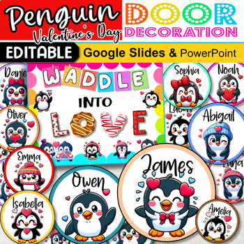 Preview of Valentine's Day Door Decoration, Penguin Name Tags, February Door Decor EDITABLE