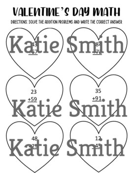 Preview of Valentine's Day Double Digit Addition Bundle -- 10 WORKSHEETS!
