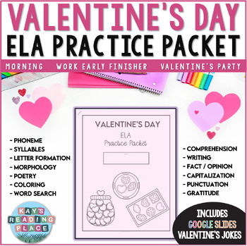 Preview of Valentine's Day no prep ELA Practice Packet w. Google Slides VDay Jokes
