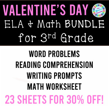Preview of Valentine's Day ELA and Math Activities BUNDLE for 3rd Grade | No-Prep Printable
