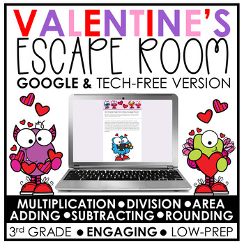 Preview of Math Valentine's Day Escape Room | 3rd Grade | Digital and Print