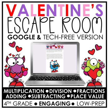 Preview of Math Valentine's Day Escape Room | 4th Grade | Digital and Print