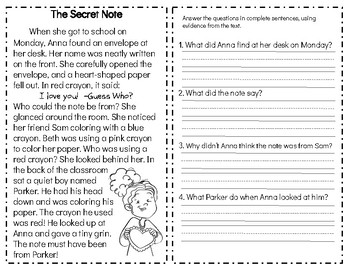 Valentine's Day Fiction Reading Comprehension Passages & Questions